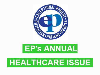 Logo for EP Exceptional Parent Physiciaon Patient People Magazine. Text for EP's Annual Healthcare Issue in white on a neon green background